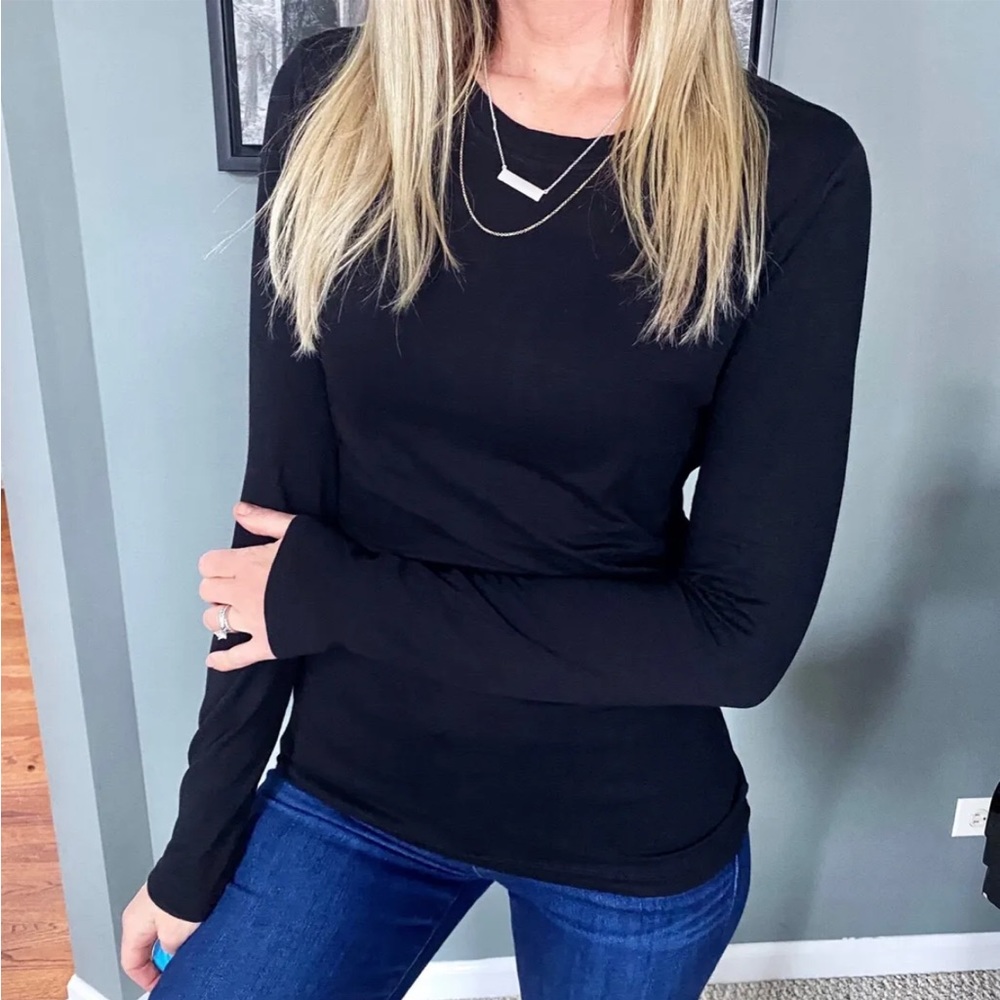 Women's Basic Round Neck Stretch Long Sleeve Slimming Top Shirt Tee Black